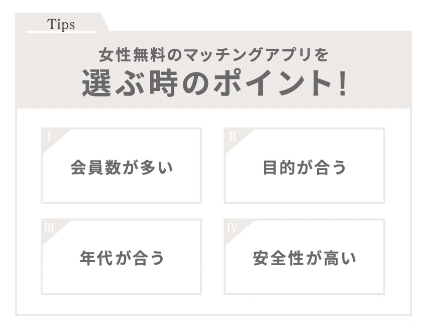 女性無料のマッチングアプリを選ぶ時のポイント!