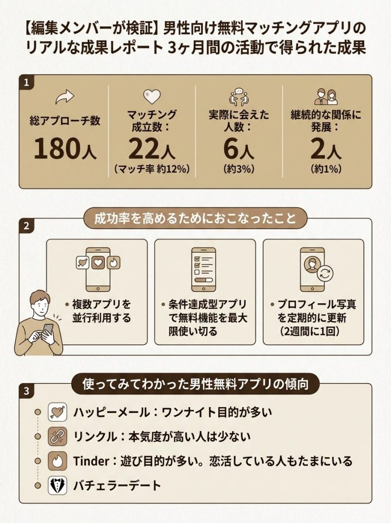 【編集メンバーが検証】男性向け無料マッチングアプリのリアルな成果レポート