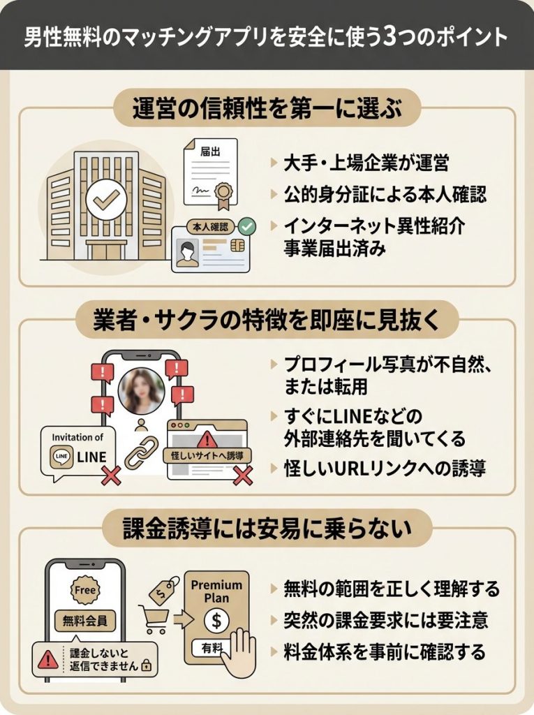 男性無料のマッチングアプリを安全に使う3つのポイント