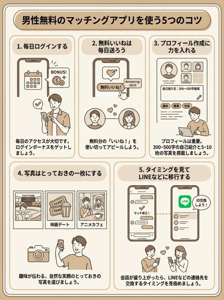 男性無料のマッチングアプリを使う5つのコツ