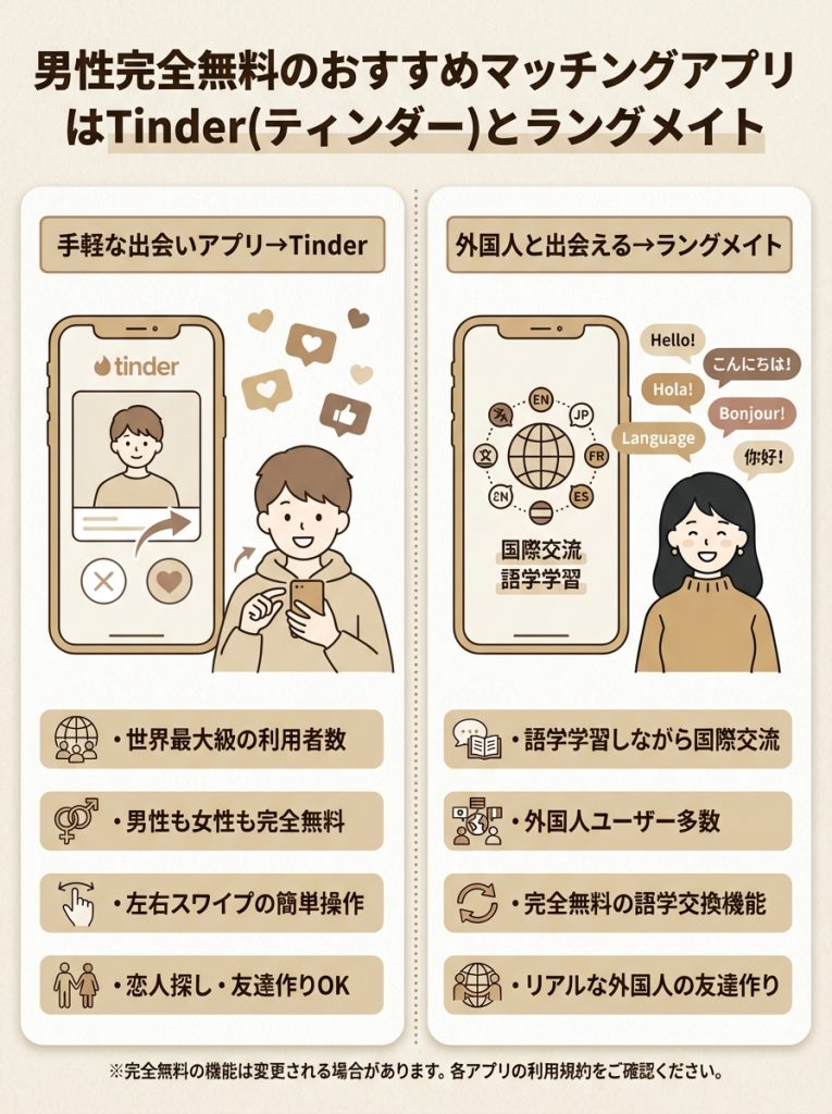 男性完全無料のおすすめマッチングアプリはTinder(ティンダー)とラングメイト