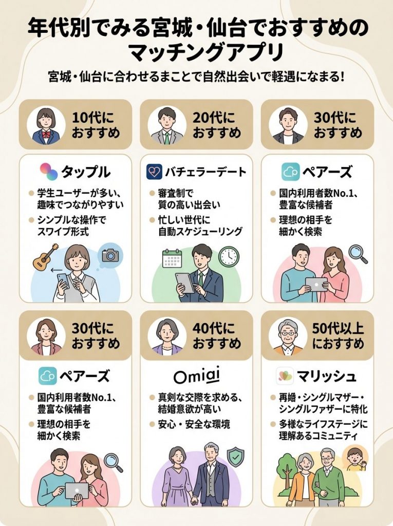 年代別でみる宮城・仙台でおすすめのマッチングアプリ