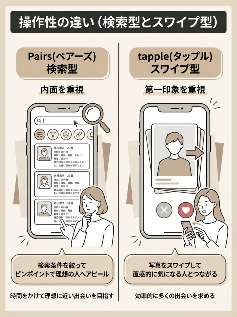 操作性の違い（検索型とスワイプ型）