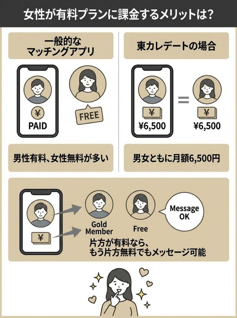 女性の有料プランの料金は男性と同額の月額6,500円！課金するメリットは？