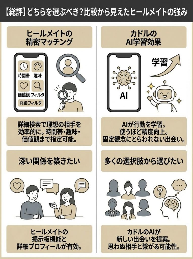 【総評】どちらを選ぶべき？比較から見えたヒールメイトの強み