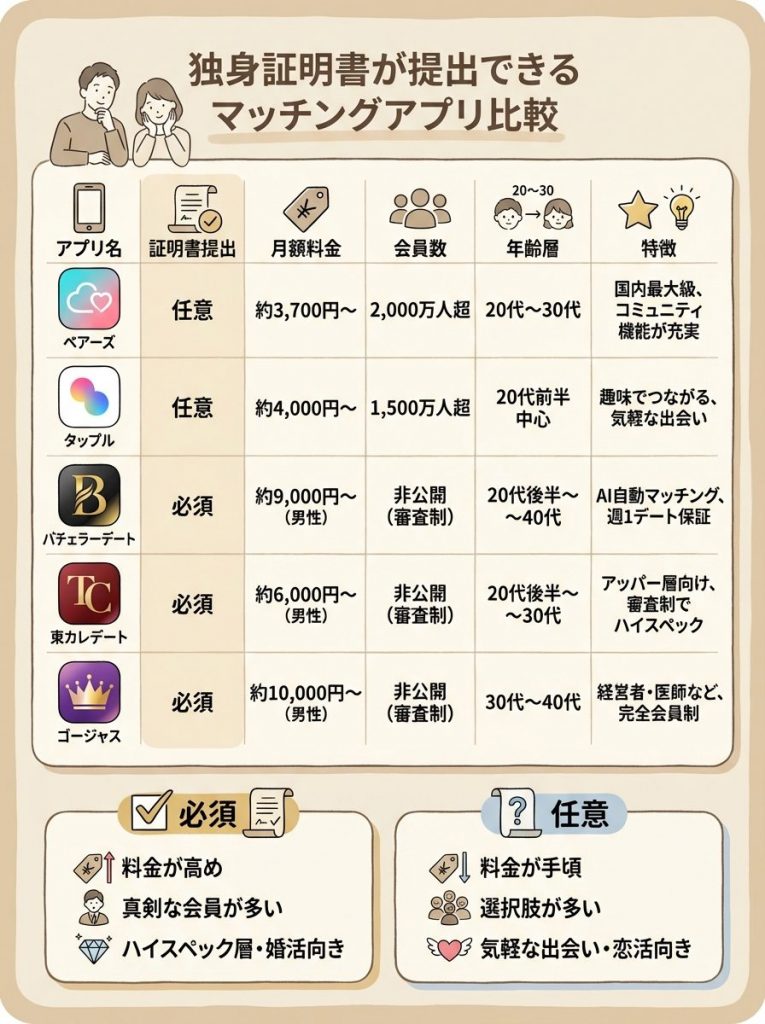 独身証明書が提出できるマッチングアプリの比較表